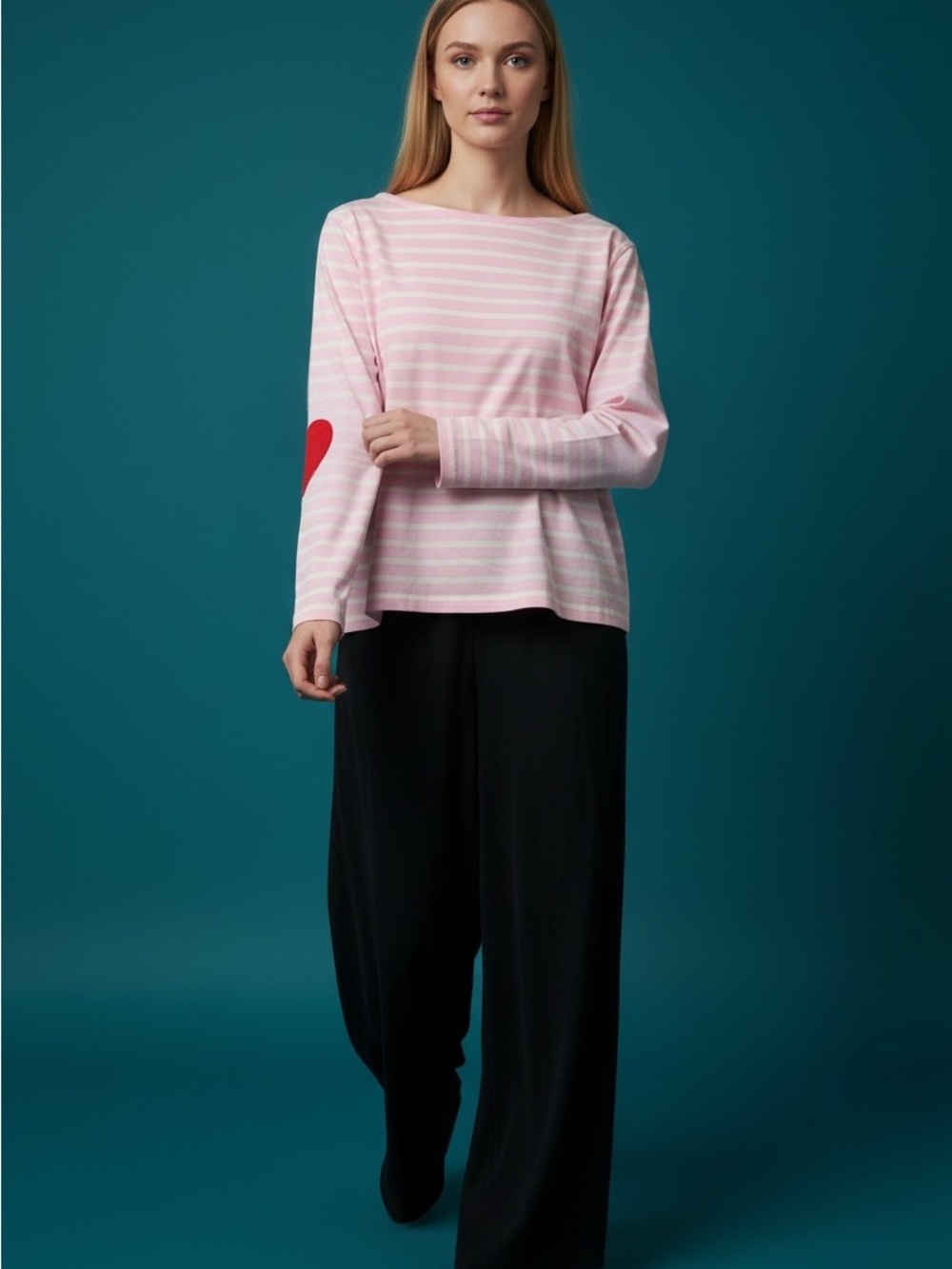 J CREW Women's Pink Striped Long-Sleeve Top with Red Elbow Heart NEW without tag